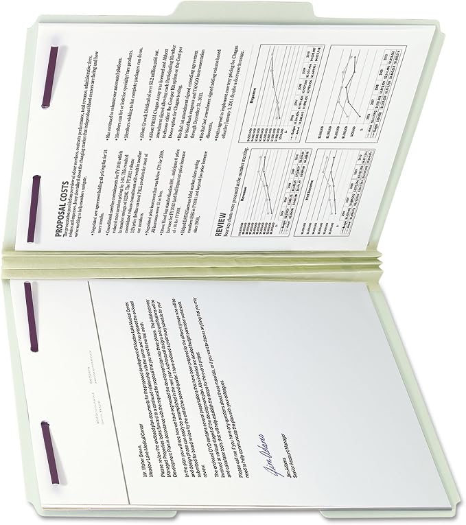 Smead Pressboard Fastener File Folder with SafeSHIELD Fasteners, 2 Fasteners, 1/3-Cut Tab, 3" Expansion, Letter Size, Gray/Green, 25 per Box (14944) - Image 5