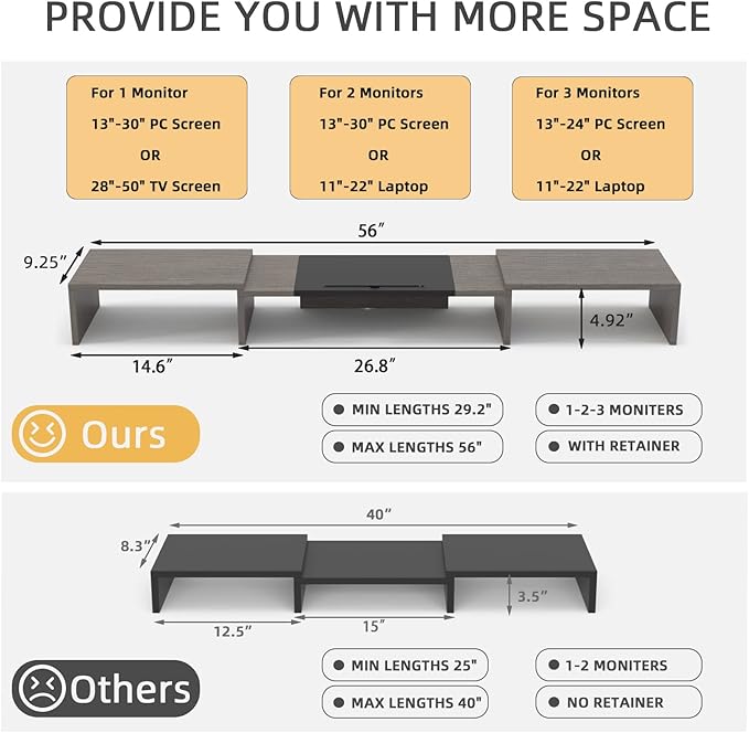 WESTREE Triple Dual Monitor Stand Riser, 56" Extra Long Monitor Stand for 1~2~3 Monitors, Monitor Stand with Length and Angle Adjustable, 3 Shelf Desktop Organizer Riser for Monitor Computer Laptop - Image 4