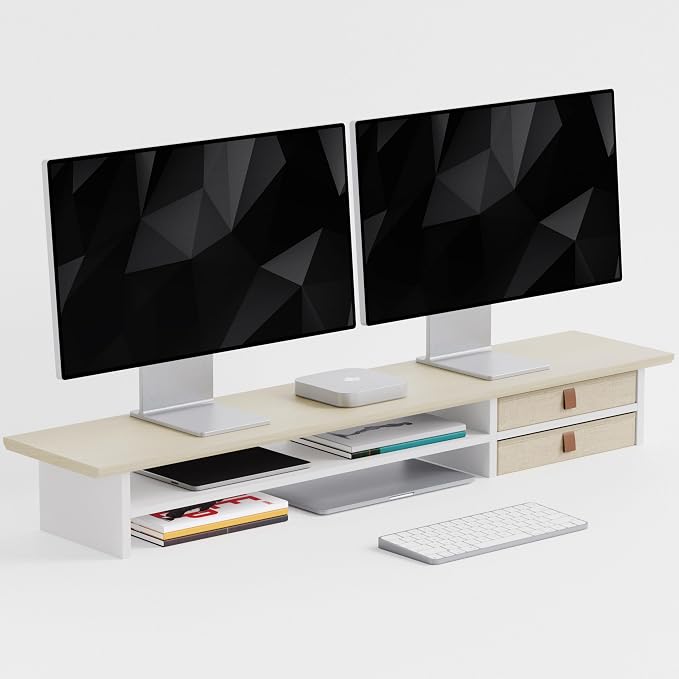 FENSULN Dual‑Tier Monitor Stand Riser with Drawers, Desktop Organizer Shelf Storage for Computer Screen 2 Monitors, Supports for PC Computer Monitor, Printer, Heavy TV Riser Beige and White by FENSULN