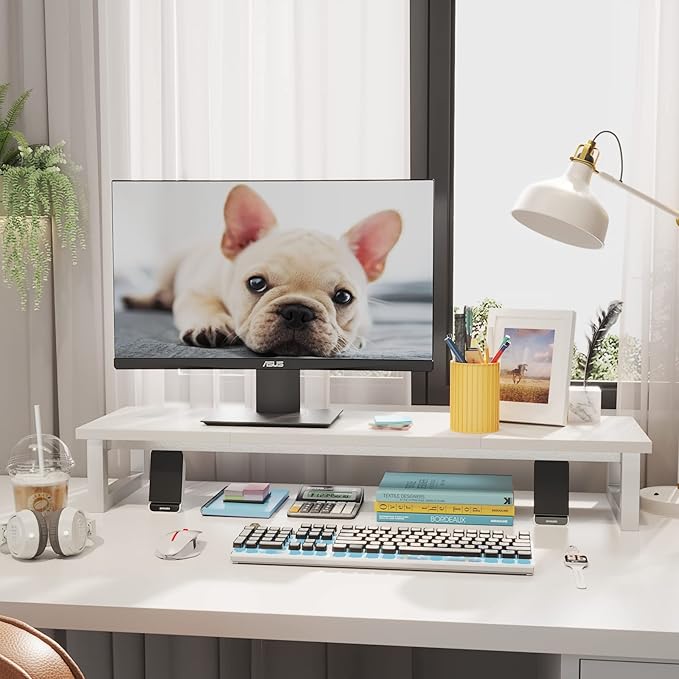 YAOHUOO Dual Monitor Stand Riser, 39Inch Large Monitor Stands for 2 Monitors, Computer Monitor Stand, Wooden Desktop Oraganizer Shelf for Office Desk Computer,Laptop,TV - Image 3