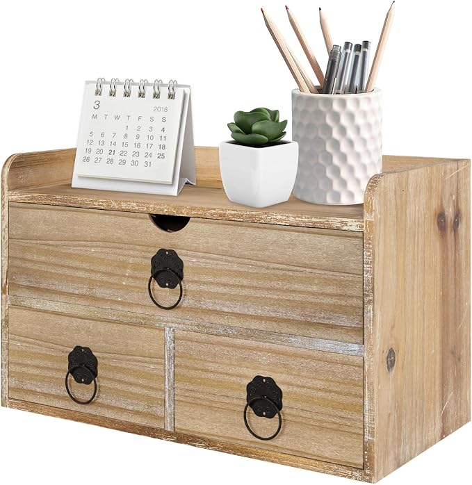 Washed White Wood Desk Organizer, Mini Desktop Organizer with Drawers, Tabletop Storage Organization for Home Office Supplies Vanity, No Assembly Required (3 Drawer and Shelf) by SEEKELEGANT