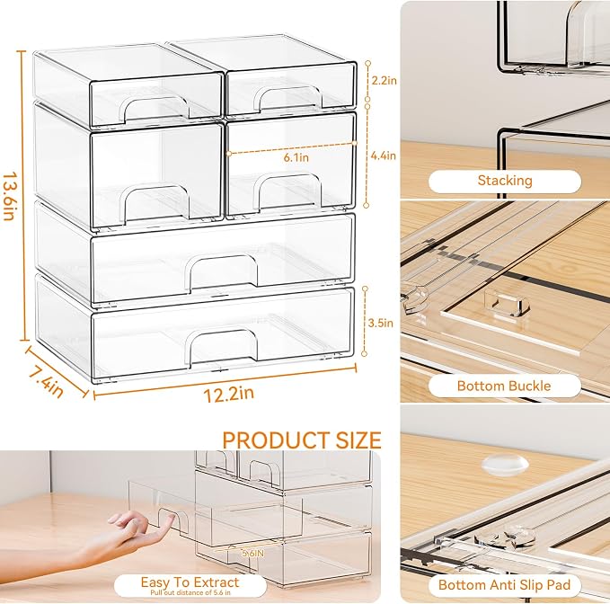 Clear Stackable Storage Drawers - Set of 6 - Acrylic Drawers,Bathroom Organizer Bin and Plastic Makeup Organizer,Clear Stacking Brightroom Storage Boxes for Vanity,Cabinet,Pantry Organization - Image 3