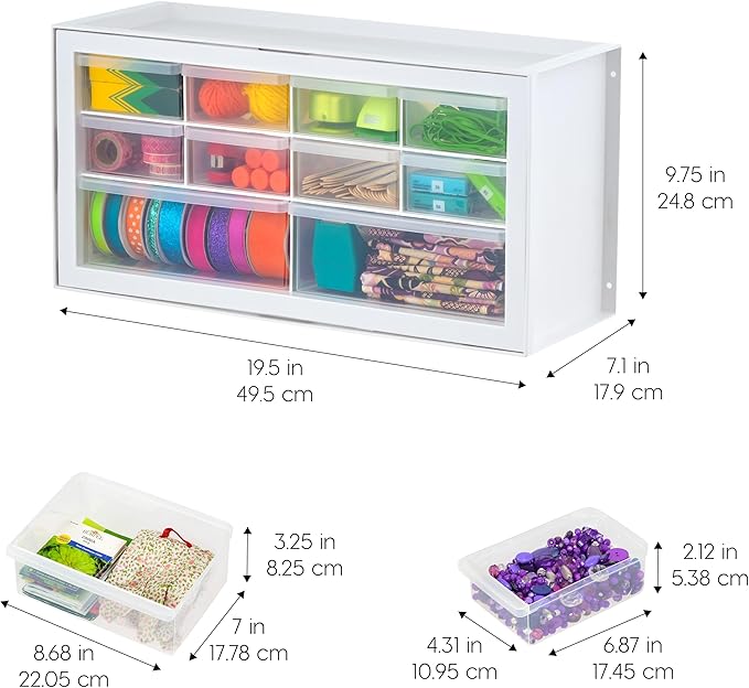 IRIS USA 10-Drawer Organizer, 2 Pack, Makeup Tool Craft Storage, White | Wall mountable, Stackable Teacher Toolbox, Beads, Building Bricks, Water Packets, Screws, Hardware - Image 3