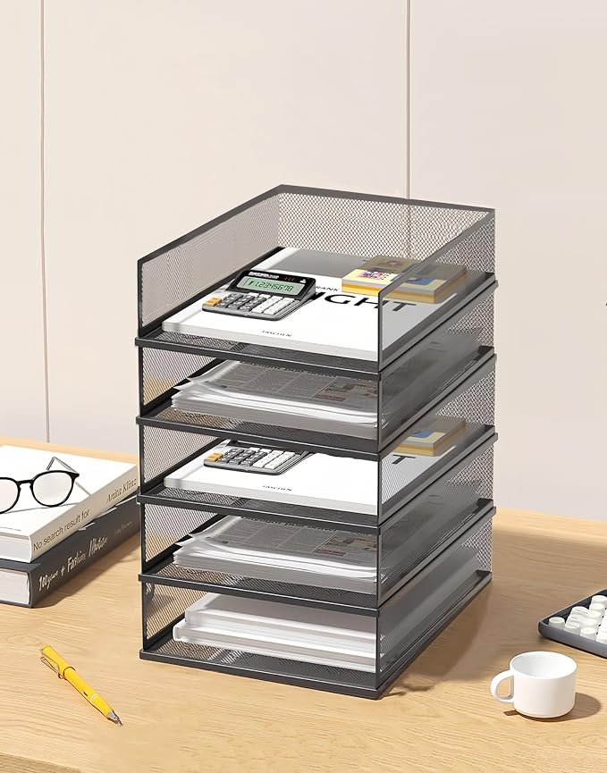 A3 Mesh Desk File Organizer, Stackable Paper Tray，Desktop Document Sorter, File Storage, 3/4/5-Tier Paper Letter Tray Organizer, Desk Accessories & Workspace, Black (5 Tier-Portrait-Black) by wen-liz-US