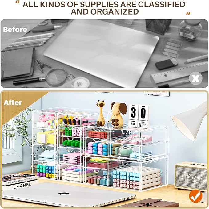 4-Pack Acrylic 16-Drawer Storage & Makeup Organizer for Desk | Smooth-glide drawers, clear acrylic, stackable, dustproof, wipe clean, for office supplies, pens, jewelry, makeup - Image 5