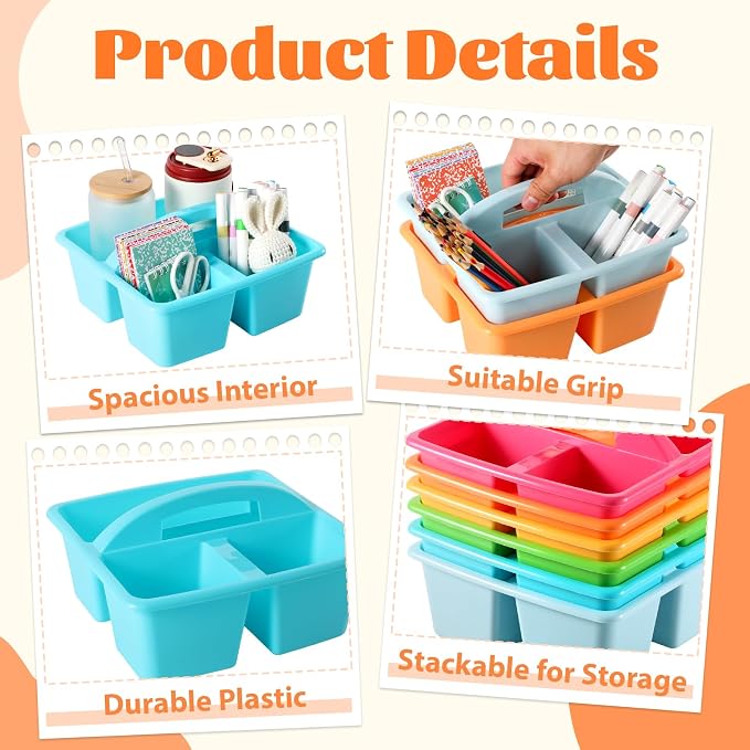 6 Pack 3 Compartment Small Caddy Plastic Classroom Organizer with Handle Portable Teacher Supply Storage Caddy Craft Art Caddies for Pencil, Crayon, Marker, Home, Office, School Supplies(Multicolored) - Image 3