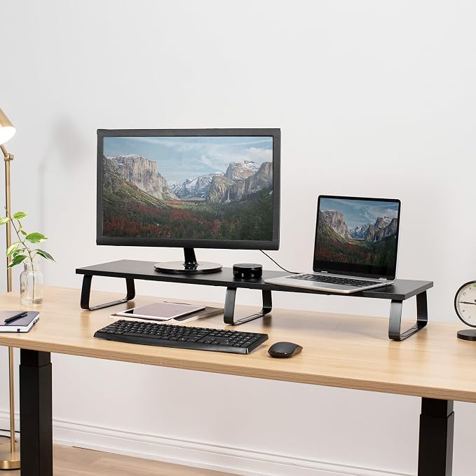 VIVO 39 inch Extra Long Monitor Stand, Wood & Steel Desktop Riser, Dual Screen, TV, Keyboard, Laptop, Ergonomic Desk and Tabletop Organizer, Black, STAND-V000DL - Image 2