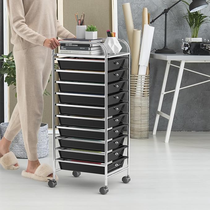 Storage Cart, Rolling Utility Cart with 10 Drawers, Portable Handles & Lockable Wheels, Mobile Paper Toys Storage Organizer Large Capacity for Home Office School Teacher (Black) - Image 2