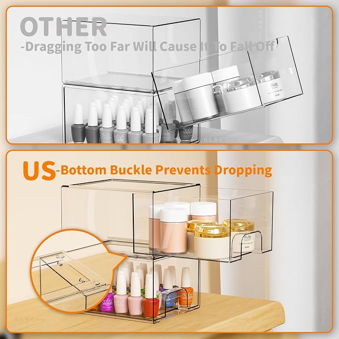 4 Pack Clear Stackable Storage Drawers,4.4'' Tall Acrylic Drawer Containers for Organizing,Bathroom Organizers and Storage Bin Box,Plastic Makeup,Medicine Organizer Bins for Cabinet,Undersink - Image 4