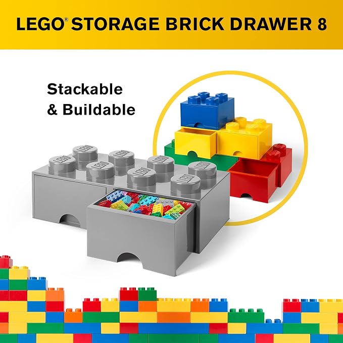 LEGO Brick Drawer, 8 Knobs, 2 Drawers, Stackable Storage Box, Medium Stone Grey | Stackable Storage Box 2 Pull-Out Drawers 8-Knob Brick Design Toy & Desk Storage Home Decor Office Kids Room - Image 7