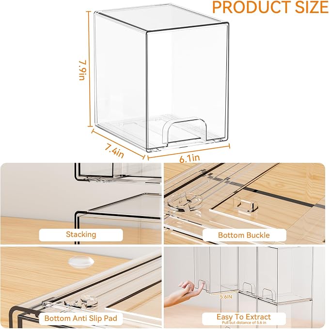 7.5" High Stackable Storage Bins,4 Pack Bottle Station and Baby Bottle Storage Organizer for Countertop,Clear Acrylic Drawers for Pacifier,Breast Pump Parts,Storage Containers,Makeup and Lotion - Image 3