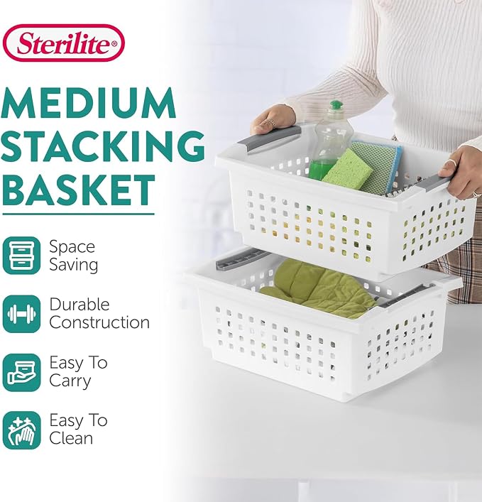 Sterilite 16 Pack Medium Stacking Basket, Open Top Storage Bin with Handles, White - Ideal for Home Closets, Kitchens, or Office Organization - Image 2
