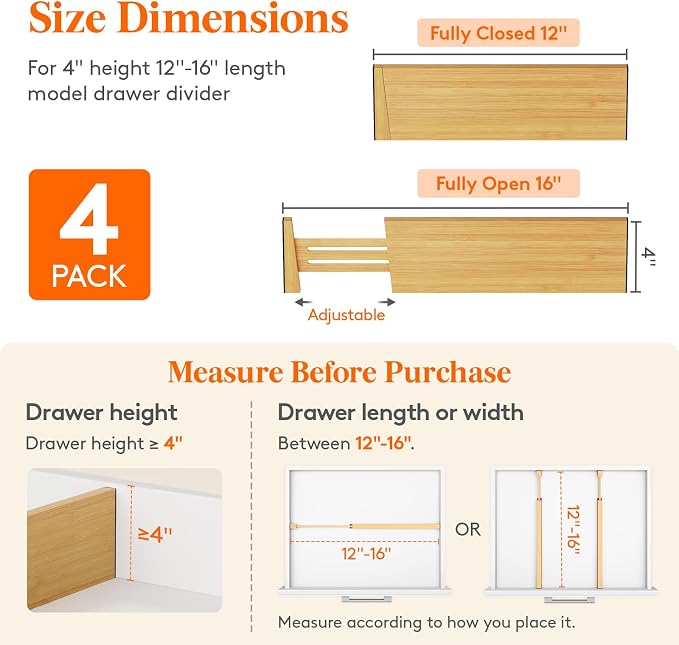 Lifewit 4" High 4 Pack Bamboo Drawer Dividers 31-40cm/12-16 Adjustable Wooden Drawer Organizer for Clothes/Utensils, Expandable Drawer Separator for Dresser/Kitchen/Bedroom/Office Organization - Image 2