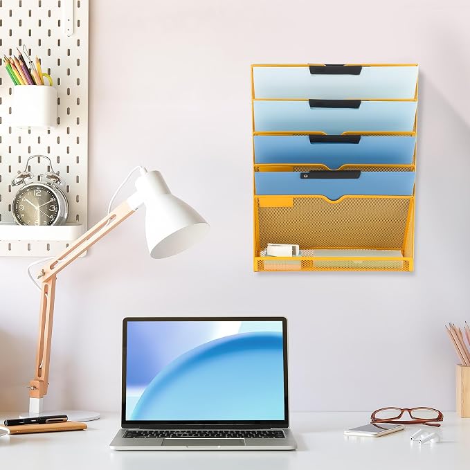 6 Tier Mesh Hanging Wall File Organizer, Desk Vertical Mail Paper Document Folder Holder Rack with Bottom Tray and Nametag Label for Office Home School, Yellow - Image 6