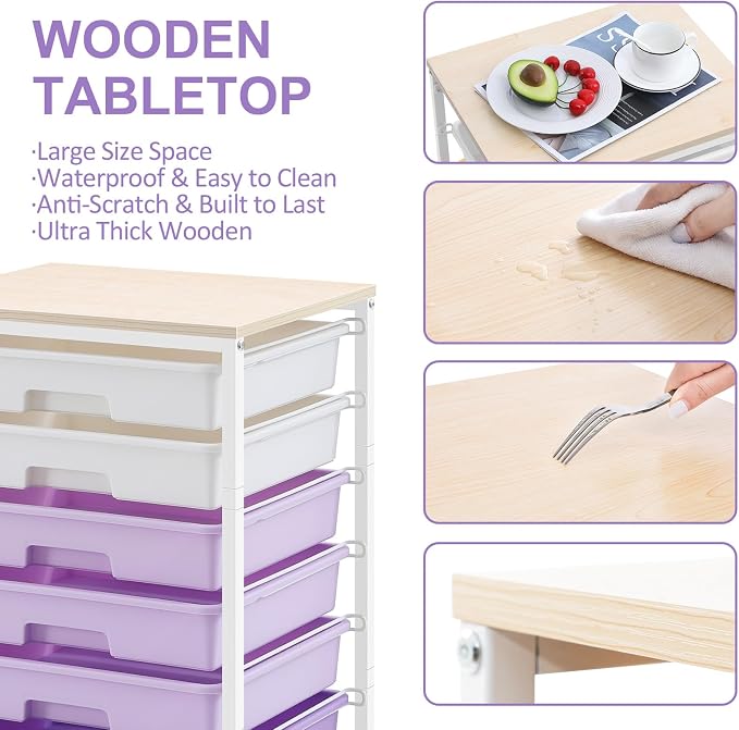 SYKIARIOL Rolling Cart with Drawers,8 Drawers Storage Cart,Purple | Craft Organizers and Storage with Wooden Tabletop for Living Room,Classroom,Bedroom,Bathroom,Dorm,Office - Image 5