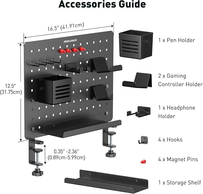 Clamp on Desk Pegboard 16.5"x12.6", Black Heavy Duty Steel Desktop Organizer with 4 Magnet Pins, No-Drill Metal Peg Board Mount for Office & Gaming, Horizontal/Vertical - Image 3