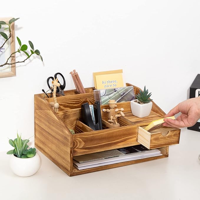 Wood Desk Drawer Organizers with File Organizer Pen holder Decor combo for Desk Organization, Office Desks, Home can arrange calculators, scissors, pens, note papers, etc. (Baked color) - Image 4