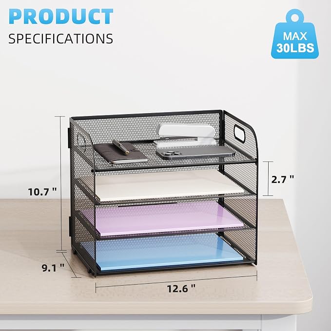 Marbrasse 2 Pack 4 Tier Paper Organizer Letter Tray - Mesh Desk File Organizer with Handle, Paper Sorter Organizer for Letter/A4 Office File Folder Holder (Black, 12.6" x 9.1" x 10.7") - Image 3