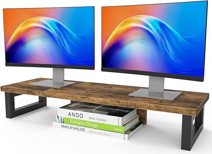 WESTREE Dual Monitor Stand Riser, Wood and Steel Monitor Stand Riser, Computer Monitor Stand for 2 Monitors, Multi-Purpose Desktop Storage Stand for Computer,Laptop,Printer,TV by WESTREE
