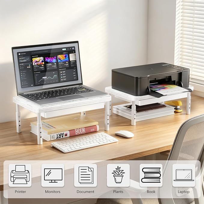 WALI Computer Monitor Stand with Storage, Monitor Riser 3 Height Adjustable | Laptop Riser with Airflow Vents, Desk Organizer for Computer, Printer, Notebook (PTT002-M), 1 Pack, Marble - Image 9