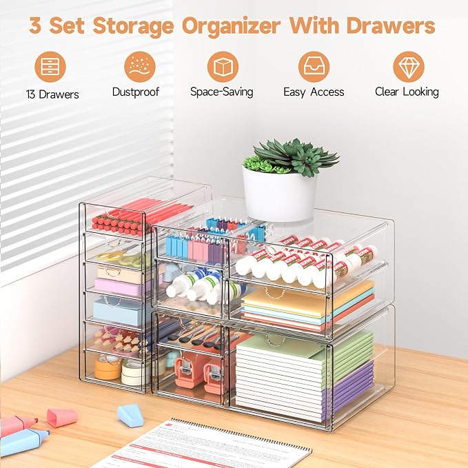 DOMNIU Acrylic Makeup Drawer Storage Organizer with 13 Drawers, 3 Set | Office Desk Organization and Storage, Dustproof Drawer Organizer for Makeup, Countertop, Jewelry, Desktop, Bathroom, Bedroom - Image 6