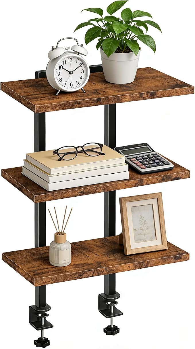 MAHANCRIS Clamp On Desk Organizer, 3-Tier Desktop Bookshelf, Adjustable Desk Storage Shelf, Metal Frame, for Office, Study and Game Room, Rustic Brown DSHR3601 - Image 9