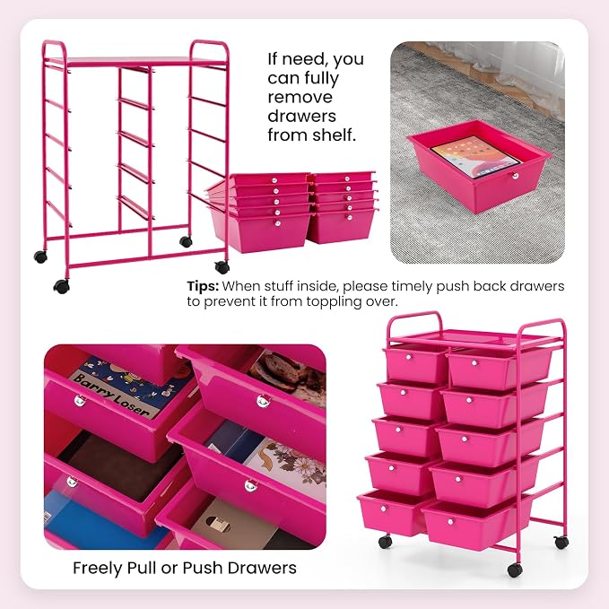 Giantex 10 Drawers Rolling Cart, Classroom Organizers, Storage Cart with Wheels, for Teacher Office Home School Supplies Tool Craft Art Paper, Hot Pink - Image 7