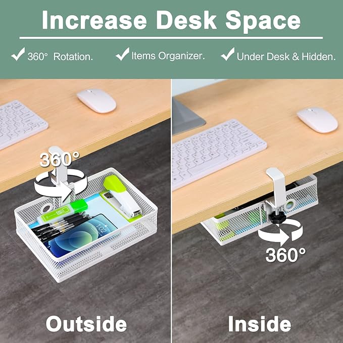 ROSYLINE Under Desk Storage Basket Hanging Drawer Tray, Clamp On Organizer | Thickened C-Clamp, High Load No Deformation Sag-Proof, Steel Construction, Clip-On No Drill Mount, Office & Household Storage - Image 3