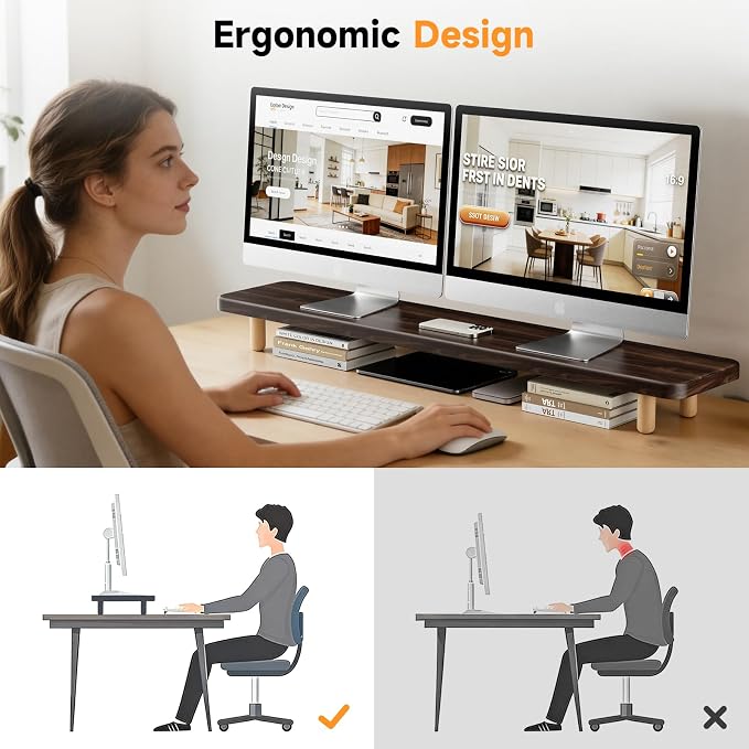 Dual Monitor Stand Riser, 39 Inch Extra Long Wooden Desktop Monitor Riser with Storage for 2 Monitors Ultra Strong Desk Shelf Organizer Riser Ergonomic for 2 Screens/Laptop/PC/TV/Printer (Dark Walnut, 39inches) - Image 8