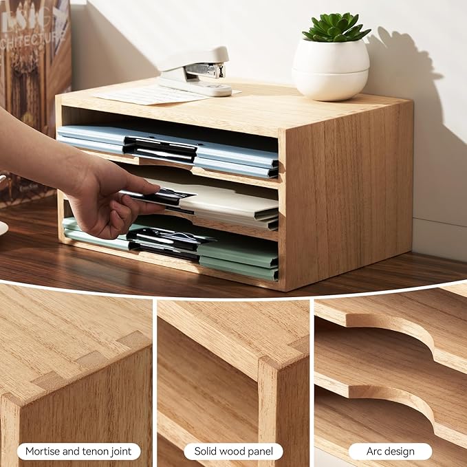 KIRIGEN Wooden Desk Organizer 3-Tier Letter Tray and Paper Sorter, Natural | Solid Wood Paper Tray Document Holder Organizer for Letters, Files, Folders, Mail, Magazines and Office Supplies - Image 6