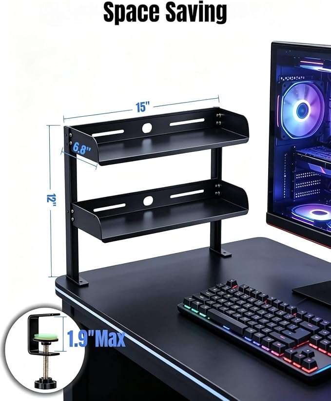 Yuxh Desk Clamp Shelf 15 Inch, Black | Space-saving, clip on or under shelf for panel tabletop, office, study room & gaming setup, easy drill-free assembly - Image 2