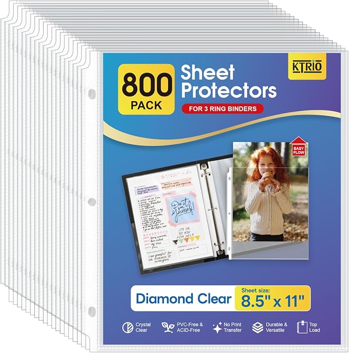KTRIO Sheet Protectors for 3 Ring Binder 800 Pack, Plastic Sleeves 8.5 x 11 | Clear Page Protectors, Acid-Free Plastic, Fits Letter Size Paper Documents, Top Loading, Business Office School Supplies by KTRIO
