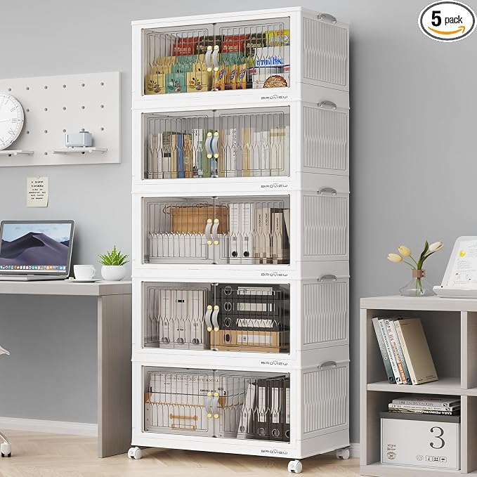 BROVIEW 300Qt Stackable Storage Bins with Lid, Extra Large Closet Organizer Collapsible Drawer Boxes with Wheels, Folding Plastic Cabinet Containers for Home Kitchen Room Organization, 5Pack White by BROVIEW-EnjoytheArtofLife