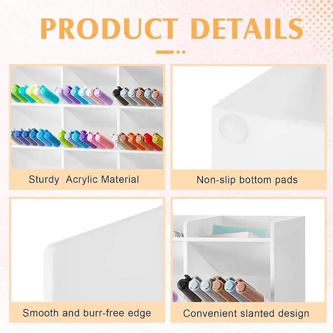 MotiMind Acrylic Pen Organizer Storage for 150 Markers Vertical Marker Organizer Acrylic Pen Display Holder for Office Desk Desktop Stationery Pencil Storage, White, 10.2 x 4 x 9.8 Inch - Image 3