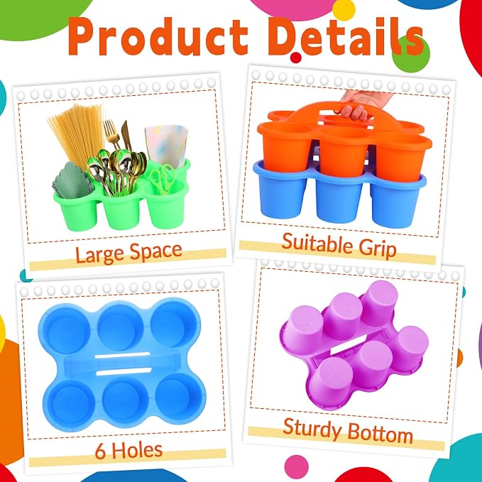 6 Pack Classroom Caddy Organizer with Handle Colorful Plastic Table Caddy Drink Cup Caddies Holder 12×9×3.5 Inches Storage School Supplies 6 Compartments for Table Crayon Pencil Cup Marker Craft - Image 3