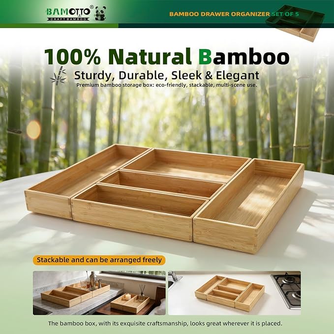 BAMOTTO CRAFTBAMBOO Stackable Bamboo Drawer Organizer Set of 5 for Kitchen | Utensil Cutlery Tray | Flatware & Silverware Organizer | Office & Bathroom | 13.4"×4.5"(×2) / 10.2"×3.3"(×2) / 10.2"×6.7" - Image 6