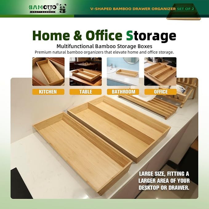 BAMOTTO CRAFTBAMBOO Long V-Shaped Bamboo Drawer Organizer Set of 2 | Silverware & Cutlery Tray | Flatware & Utensil | Kitchen & Bathroom | Narrow Fit | 19.6"×12.4" & 19.6"×7.8" - Image 5