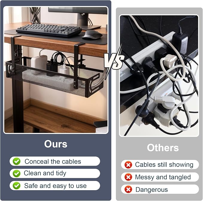 AiQInu Cable Management Desk Under The, Clampable Cable Organiser Tray, Under-Sink Mounting Organiser Made of Carbon Steel, No Drilling, Cable Management for Office, Home - Image 5
