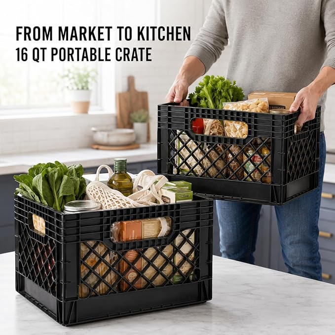 16-Quart Plastic Storage Crate with Handles, File Crate,Black(2 Pack) | Groups groceries, books, clothing, sports gear, and household supplies in a stackable 16-quart plastic crate. - Image 7