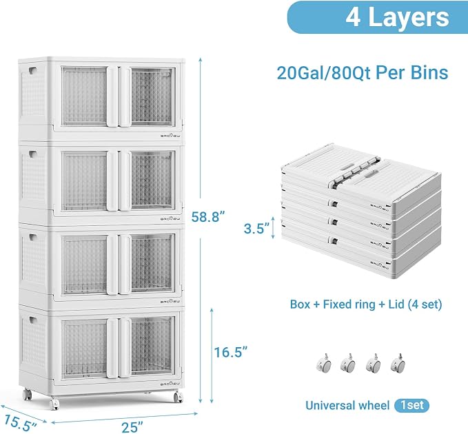 BROVIEW 400Qt Stackable Storage Bins with Lids, 100Gal Closet Organizers and Storage Drawer, Plastic Collapsible Storage Bins with Doors, Heavy Duty Store Box Cabinet for Home Kitchen, 4Pack White - Image 3