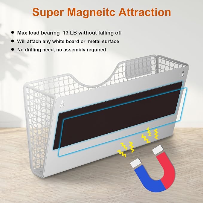 MFTEK Magnetic File Holder, 3 Pockets Wall File Folders Holder No Drilling Magnetic Paper Mail Organizer Magazine Basket, Hanging Storage Rack for Fridge Cabinets Office Classroom(White) - Image 2
