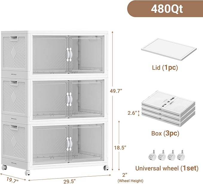 BROVIEW 480QT Large Stackable Storage Bins with Clear Doors, V20 3Pack | 120Gal Plastic Closet Organizer Cabinet with Lid and Wheels, Collapsible Latch Box Folding Drawer for Home, White - Image 2