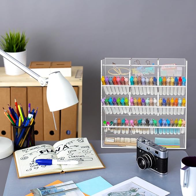 MotiMind Acrylic Pen Organizer Storage for 150 Markers Vertical Marker Organizer Acrylic Pen Display Holder for Office Desk Desktop Stationery Pencil Storage, Clear, 10.2 x 4 x 9.8 Inch - Image 6