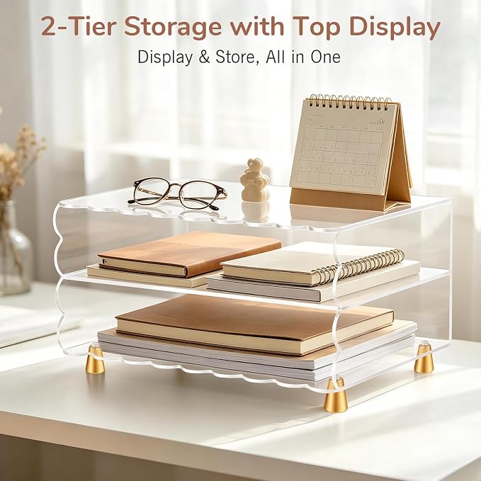 2+1 Tier Paper Letter Tray,Acrylic Desk Organizer with Scalloped Edge& Gold Metal Feet,Top Display Design,Space Saving Clear Organizer for Women, A4 File, Letter, Books,Notes,Home & Office - Image 3