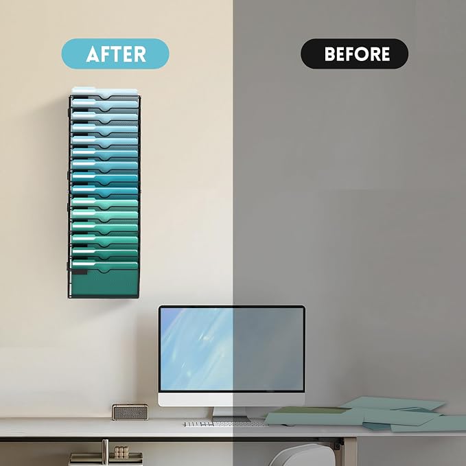 15-Tier Wall File Organizer, Hanging File Holder, Wall Mounted Mail Sorter | Metal Mesh Hanging File Organizer with Open Compartments and Label Panels for Papers and Folders at Home, Office or School - Image 7