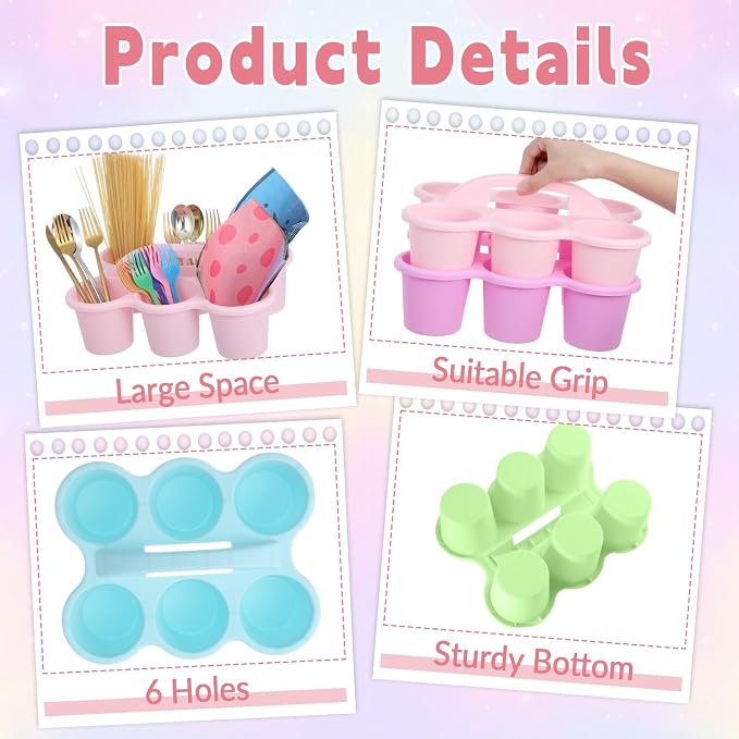6 Pack Classroom Caddy Organizer with Handle Pastel Plastic Table Caddy Drink Cup Caddies Holder 12x9x3.5 Inches Storage School Supplies 6 Compartments for Table Crayon Pencil Cup Marker Craft - Image 3