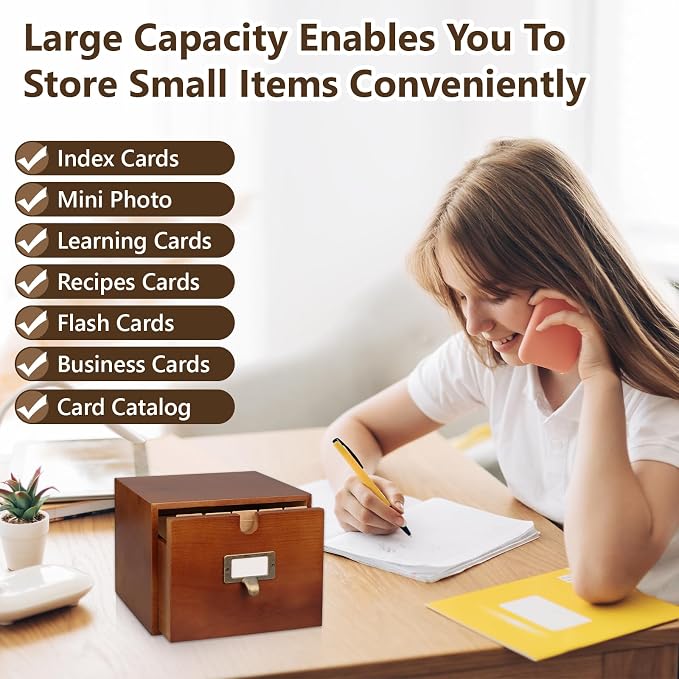 4x6 Index Card Holder Wooden Index Card Storage Box with Drawers Brown Vintage Card Catalog Box Recipe Notecard Box 5 Index Cards Dividers 2 Letter Smile Stickers for School Office - Image 5