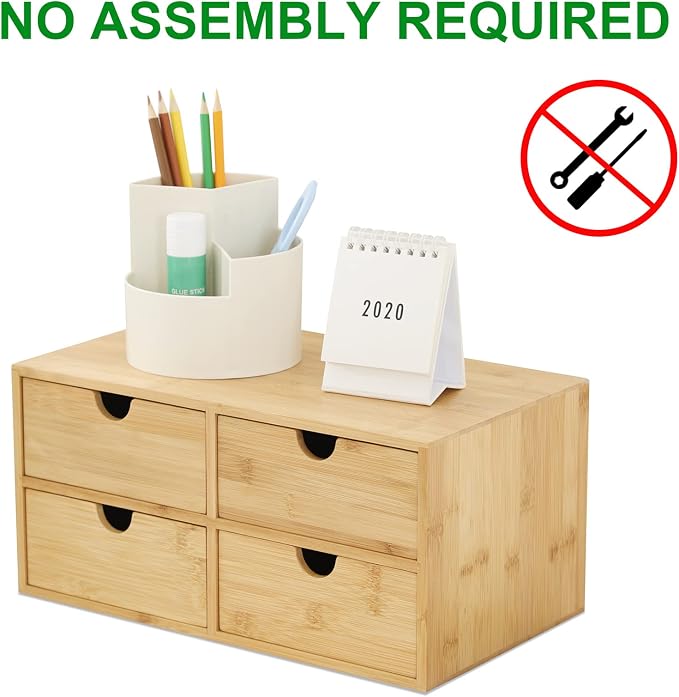 Bamboo Desk Drawer Organizer, Desktop Organizer with Drawers T(4 Drawes) | 4 Drawers Open Top Tray Fully Assembled Stores Pens, Notes, Makeup, Jewelry & Toiletries for Office, Vanity & Bath - Image 4