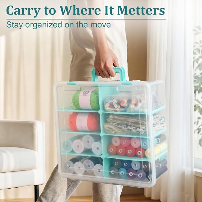 BTSKY Clear Plastic Dividing Storage Box with 8 Deep Compartments Adjustable Storage Bin with Lid Portable Craft Storage Container Multipurpose Sewing Box Art Supply Organizer, 15.1x13.9x6.1 Inches - Image 5