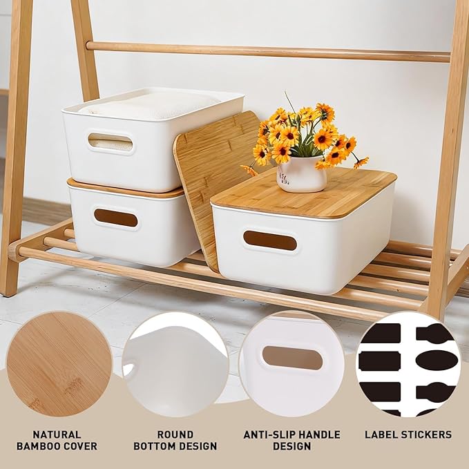 Citylife Storage Bins with Bamboo Lids 16QT Plastic Storage Containers Stackable Organizer Boxes with Handle for Desk Snacks, Toys, 4 PCS, 15" L x 10.6" W x 5.8" H - Image 4